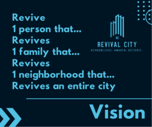 Our Call  Revive one person that revives one family that revives one neighborhood that revives an entire city.  Restoring VISION, PURPOSE. CALLING, and DESTINY for cities, regions, and nations.  “Afterward you will be called the city of righteousness, the faithful city” Isaiah 1:26  Revival City is a non-denominational church that believes in the five-fold ministry (apostles, prophets, evangelists, pastors, and teachers) who help equip the body of Christ (Ephesians 4:11-12). We strictly believe what the Bible says. God’s Word is alive and active and sharper than any two-edged sword. The gifts of the Spirit are for today and have not been lost or eradicated. Every believer, according to Scripture, has the ability to cast out demons, raise the dead, and heal the sick (Matthew 10:8).
